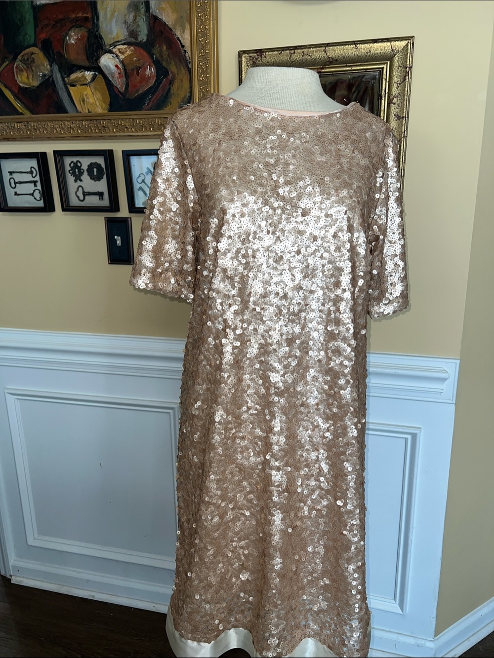 Signature by Sangria Rose Gold Sequin Shift Dress with Satin Hem